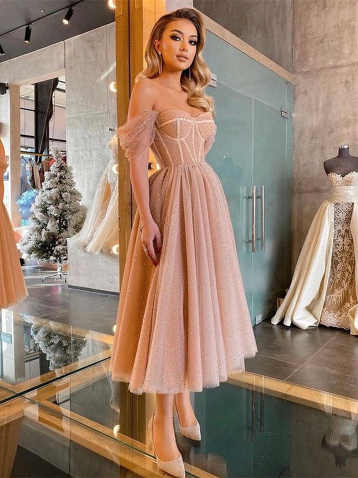 Off Shoulder Nude Pink Sequin Tulle Prom Dresses, Classic Corset Prom – ClaireBridal