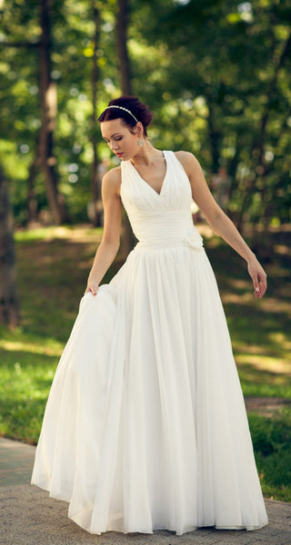V-neck Long A-line Chiffon Wedding Dresses, Simple Long Wedding Dresses, Country Wedding Dresses