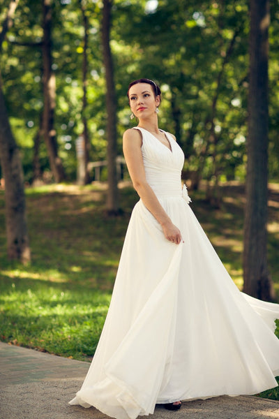 V-neck Long A-line Chiffon Wedding Dresses, Simple Long Wedding Dresses, Country Wedding Dresses