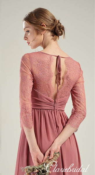 Half Sleeves Dusty Pink Chiffon Lace Long Bridesmaid Dresses