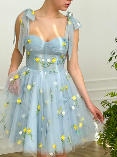 Cute Floral Blue Homecoming Dresses, Short Prom Dresses, Boned Mini Dresses, 2022 Prom Dresses