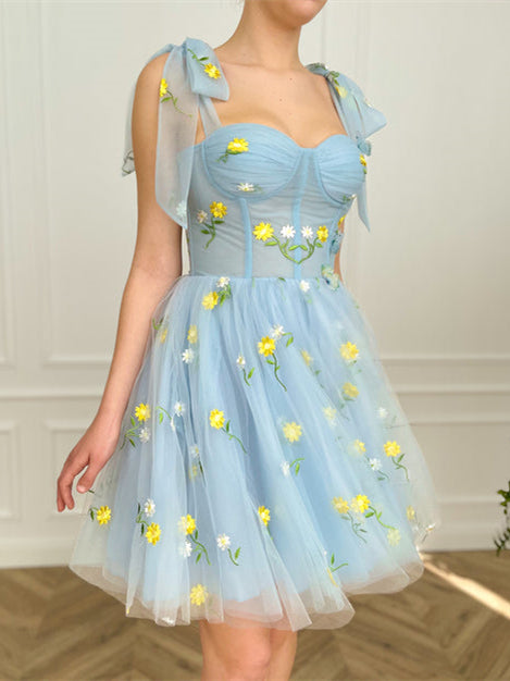 Cute Floral Blue Homecoming Dresses, Short Prom Dresses, Boned Mini Dresses, 2022 Prom Dresses