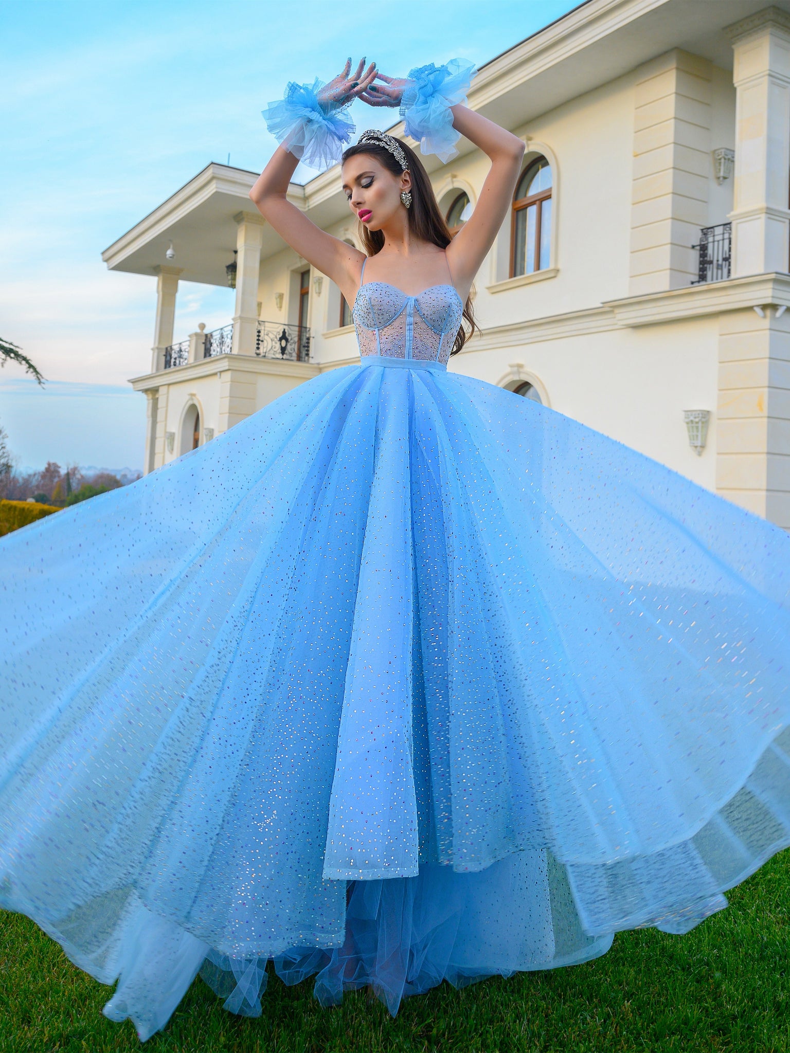 Blue Shiny Tulle Long Prom Dresses, Princess Prom Dresses, Long Formal ClaireBridal Blue Shiny Tulle Long Prom Dresses, Princess Prom Dresses, Long Formal ClaireBridal