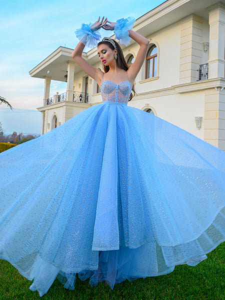 Blue Shiny Tulle Long Prom Dresses, Princess Prom Dresses, Long Formal Dresses, 2022 Newest Prom Dresses