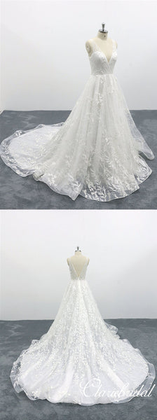 V-neck Sleeveless Lace Tulle Long Wedding Dresses, Bridal Gown