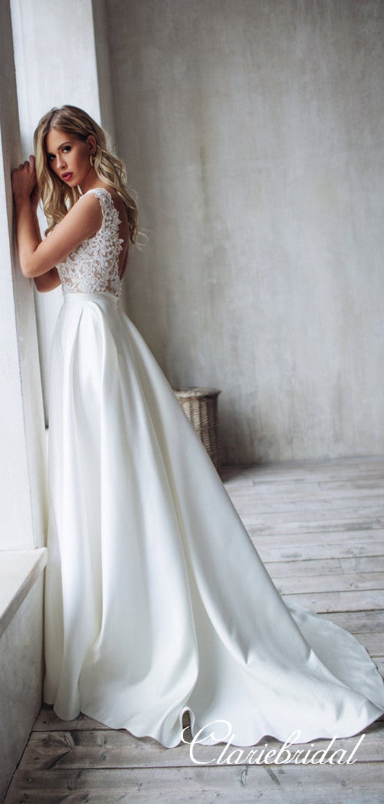 Lace Top Satin Skirt Long A line Wedding Dresses Bridal Gown ClaireBridal