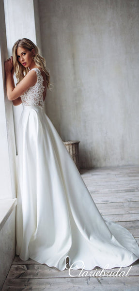 Lace Top Satin Skirt Long A-line Wedding Dresses, Bridal Gown