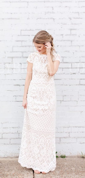 Scalloped Edge Neck Short Sleeves Long Bridal Dress, Newest Lace Wedding Dresses