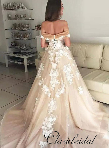 Off Shoulder Champagne Tulle Lace Prom Dresses, Wedding Dresses, Bridal Gown