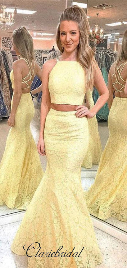 2 Pieces Yellow Lace Prom Dresses, Mermaid Prom Dresses, Popular Prom ClaireBridal 2 Pieces Yellow Lace Prom Dresses, Mermaid Prom Dresses, Popular Prom ClaireBridal