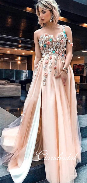 Sweetheart Long A-line Lace Appliques Long Prom Dresses, Side Slit Prom Dresses