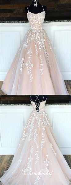 Lovely Lace Tulle Prom Dresses, Champagne Long Prom Dresses, Lace Prom Dresses, 2020 Prom Dresses