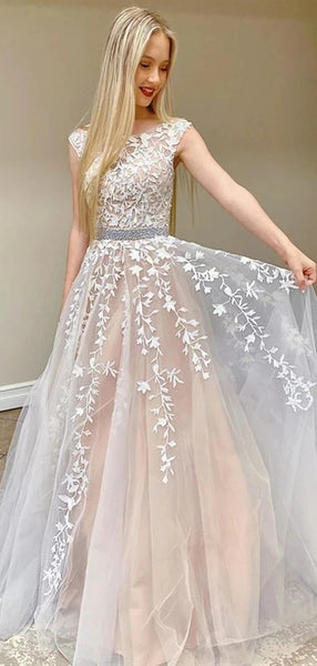 Round Neck Long A-line Lace Tulle Prom Dresses, Beaded Wasit Prom Dresses, Popular 2020 Prom Dresses