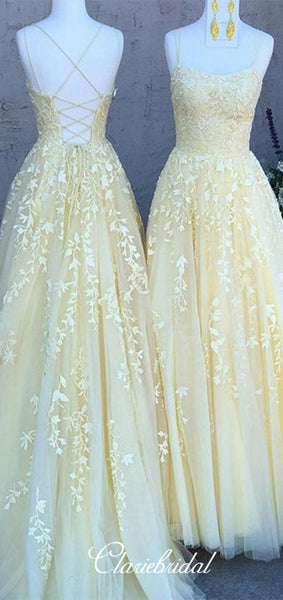 Yellow Lace Tulle Long Prom Dresses, Lace UP Prom Dresses, Popular 2020 Prom Dresses, Long Prom Dresses