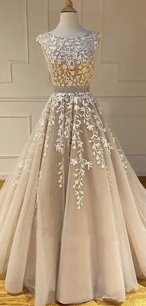 Round Neck Lace Tulle Prom Dresses, Beaded Prom Dresses, Long Prom Dresses