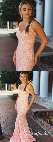 Straps Long Mermaid Pink Lace Beaded Prom Dresses, Lovely Prom Dresses, Prom Dresses