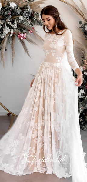 Long Sleeves Lace Tulle Wedding Dresses, A-line Long Wedding Dresses, Bridal Gown