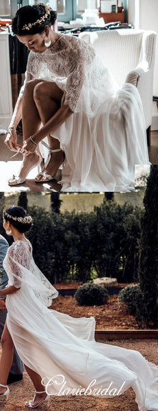 2 Pieces Lace Top A-line Chiffon Side Slit Boho Wedding Dresses