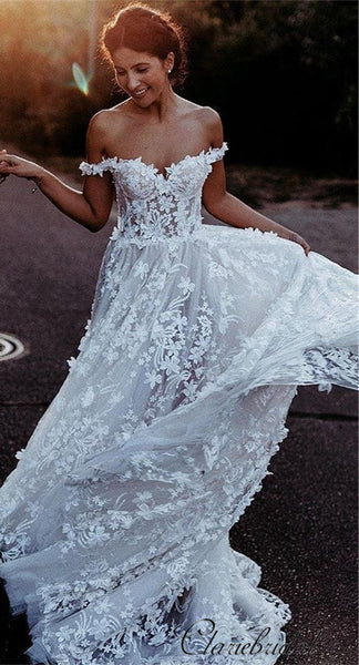 Off Shoulder A-line Slit Lace Country Wedding Dresses, Bridal Gown