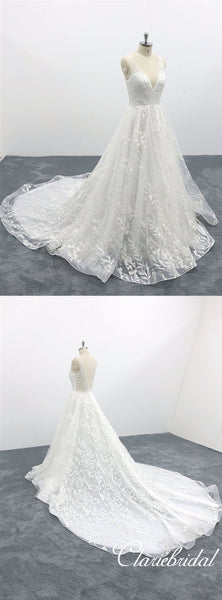 V-neck Sleeveless Lace Tulle Long Wedding Dresses, Bridal Gown