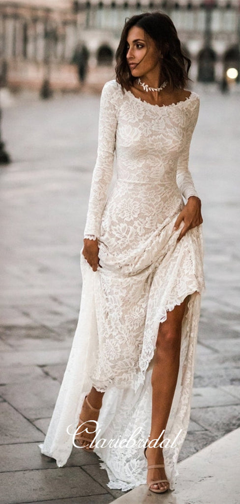 Ivory Long Sleeves Lace Wedding Dresses, A-line U-back Wedding Dresses ClaireBridal Ivory Long Sleeves Lace Wedding Dresses, A-line U-back Wedding Dresses ClaireBridal
