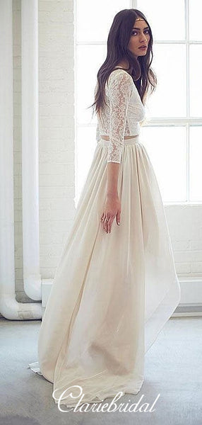 2 Pieces Lace Top Chiffon Hi-low Long Wedding Dresses, Boho Wedding Dresses