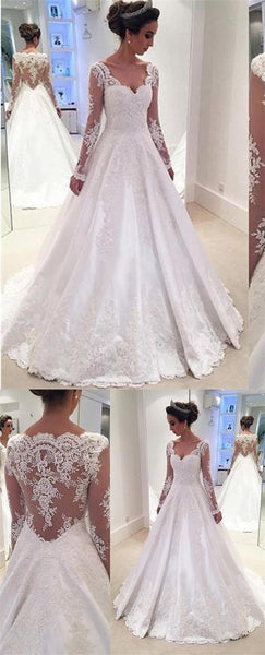 Long Sleeves A-line Lace Satin Wedding Dresses