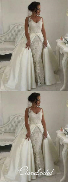 2 Pieces Long Lace Satin Ball Gown Wedding Dresses, Bridal Gown
