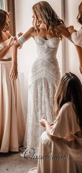 Ivory Lace Mermaid Country Wedding Dresses, Long Wedding Dresses, Bridal Gown