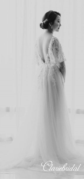 Half Sleeves Lace Tulle V-nec A-line Wedding Dresses, Boho Wedding Dresses