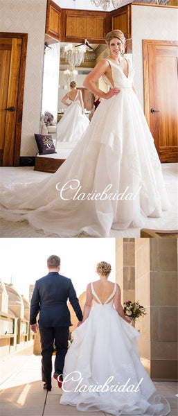 V-neck A-line Elegant Lace Tulle Long Wedding Dresses, Bridal Gown