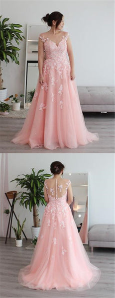 Cap Sleeves A-line Pink Lace Tulle Wedding Dresses, Bridal Gown