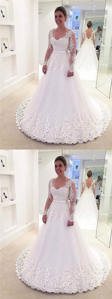 Long Sleeves V-neck Long Sleeves Lace Tulle Wedding Dresses