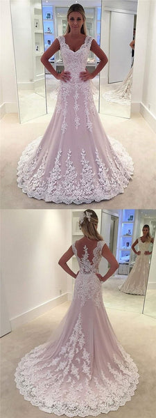 V-neck Long Lace Wedding Dresses, Elegant Bridal Gown