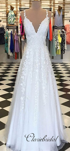 V-neck Lace Tulle Long Wedding Dresses, Prom Dresses