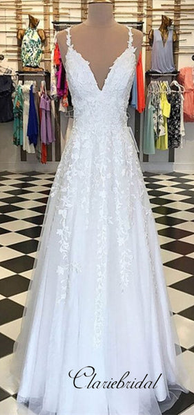 V-neck Lace Tulle Long Wedding Dresses, Prom Dresses