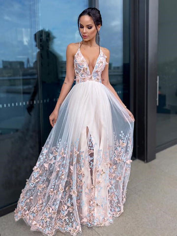 Deep V-neck Floral Long A-line Prom Dresses, Lovely Colorful Prom Dresses, 2021 Prom Dresses