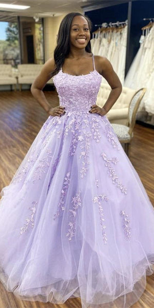 Long A-line Lilac Lace Tulle Prom Dresses, Popular Lace Prom Dresses, Long Prom Dresses