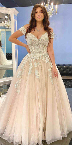 Off Shoulder Lace Prom Dresses, A-line Prom Dresses, Tulle Prom Dresses, Wedding Dresses, Bridal Gown