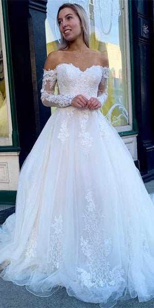 Off The Shoulder Long Sleeves Lace Tulle Wedding Dresses, Elegant Long Bridal Gown