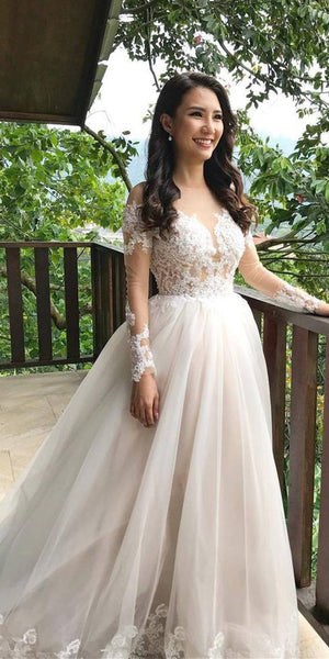 Long Sleeves Lace Tulle Wedding Dresses, A-line Wedding Dresses, Bridal Gown, Affordable Wedding Dresses
