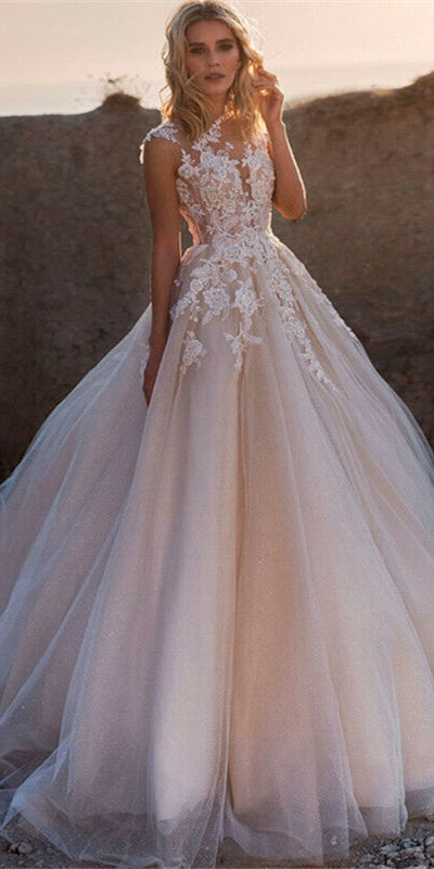 Sleeveless Lace Tulle Blush Champagne Wedding Dresses, Gorgeous 2020 W ClaireBridal Sleeveless Lace Tulle Blush Champagne Wedding Dresses, Gorgeous 2020 W ClaireBridal