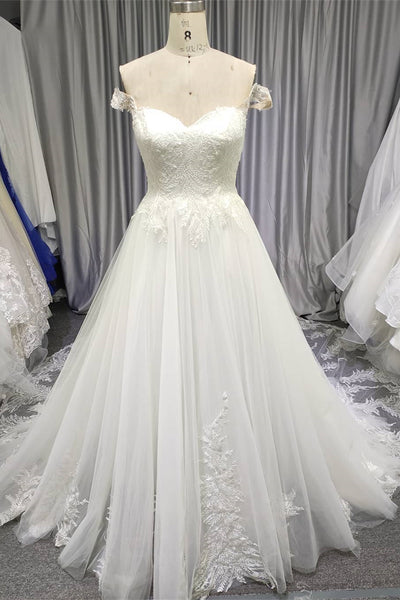 Off Shoulder Lace Wedding Dresses, A-line Wedding Dresses, Long Wedding Dresses, Bridal Gown