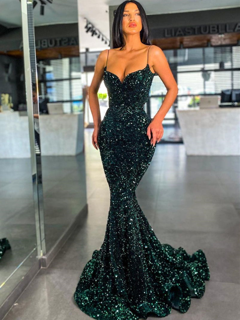 Spaghetti Long Mermaid Emerald Green Sequin Prom Dresses, Sexy Prom Dresses, 2023 Prom Dresses, Newest Long Prom Dresses