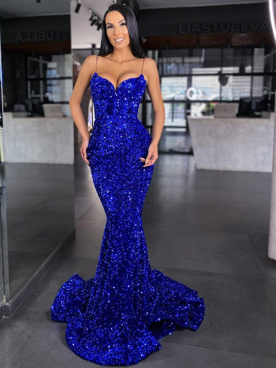 Spaghetti Royal Blue Sequin Prom Dresses, Mermaid Prom Dresses, Newest 2023 Prom Dresses, Long Prom Dresses