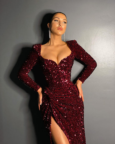 Long Sleeves Burgundy Sequin Prom Dresses, Sexy Side Slit Prom Dresses, 2021 Long Prom Dresses