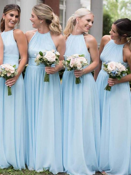 Light Blue Long A-line Chiffon Bridesmaid Dresses