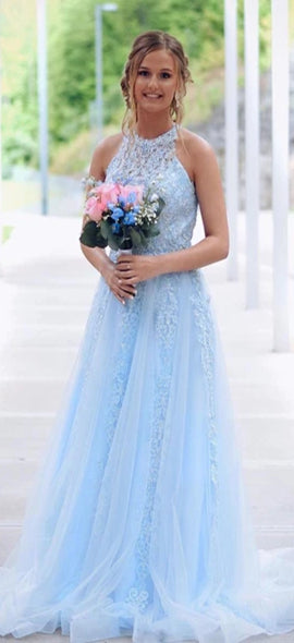 Lovely Light Blue Lace Tulle Prom Dresses, Long Prom Dresses. Simple Prom Dresses