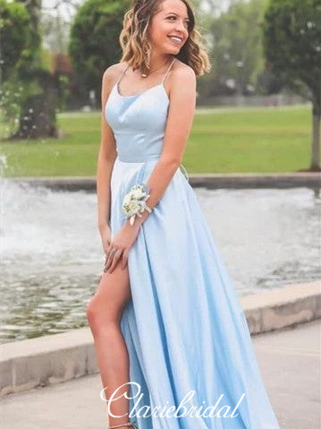 Simple Long A-line Light Blue Elastic Satin Prom Dresses, Side Slit Prom Dresses, Long Prom Dresses Simple Long A-line Light Blue Elastic Satin Prom Dresses, Side Slit Prom Dresses, Long Prom Dresses