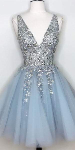 V-neck Light Blue Beaded Tulle Homecoming Dresses, Popular Short Prom Dresses, Homecoming Dresses
